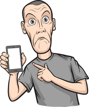 shocked young man showing a mobile app on a smart phone
