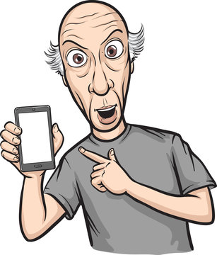 shocked bald man showing a mobile app on a smart phone