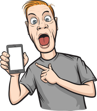 crazy man showing a mobile app on a smart phone