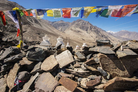 Stupa and player flags near Diskit monastery in Ladakh