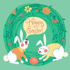 Happy Easter card with cute bunnies.