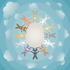 Cute easter greeting card with lovely multicolored bunnies