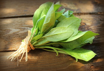 fresh spinach on wooden table