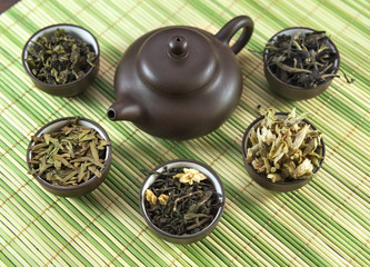Collection of various asian tea in small cups