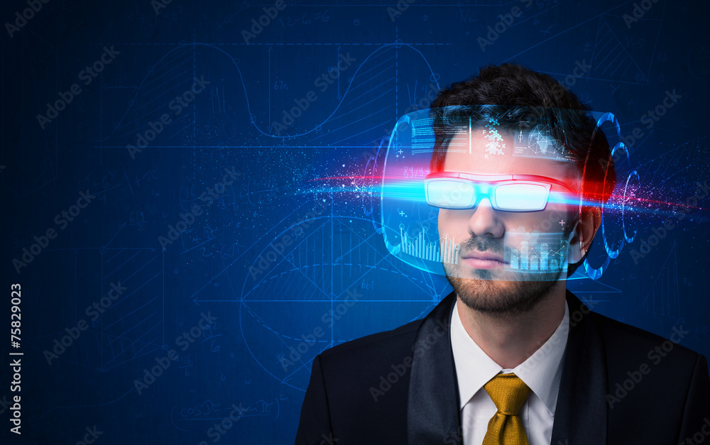 Poster man with future high tech smart glasses