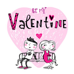 Cute cartoon couple on a bench