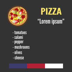 Pizza and ingredients. Pizza menu with the list of ingredients.