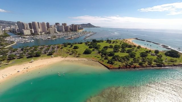 Aerial over Ala Moana Beach Park in Honolulu towards Waikiki