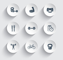 fitness, health, gym trendy icons on circles with shadow set 2