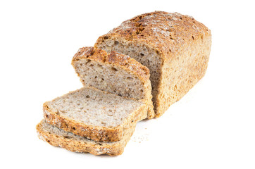Cut wholemeal bread on white background