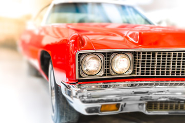 Close Up Detail of Shiny Red Classic Car.