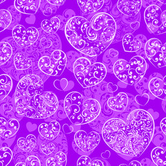Seamless pattern of hearts, white on violet