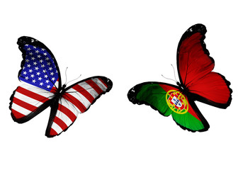 Concept - two butterflies with USA and Portuguese flags