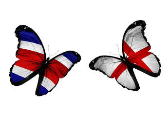 Concept - two butterflies with Costa Rica and England flags