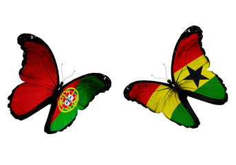 Concept - two butterflies with Ghana and Portuguese flags flyin