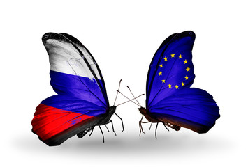 Two butterflies with flags Russia and EU