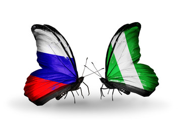 Two butterflies with flags Russia and Nigeria