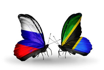 Two butterflies with flags Russia and Tanzania