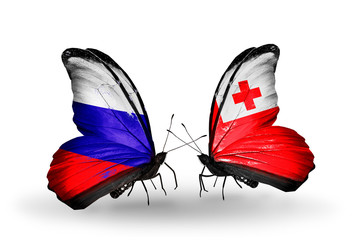 Two butterflies with flags Russia and Tonga