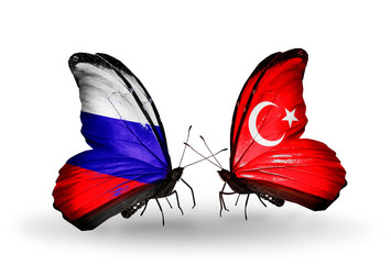 Two butterflies with flags Russia and  Turkey