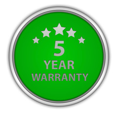 Five year warranty circular icon on white background