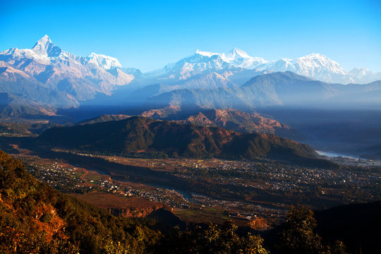 View of the Himalayan mountains from Sarangkot, Pokhara