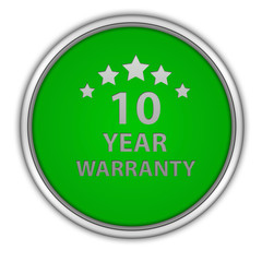 Ten year warranty circular icon on white background