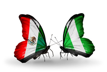 Two butterflies with flags Mexico and  Nigeria