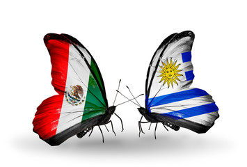 Two butterflies with flags Mexico and Uruguay