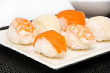 Sushi, wasabi and soy sauce