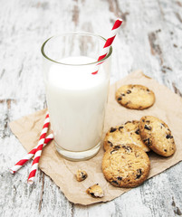 Chocolate chip cookie and glass of milk