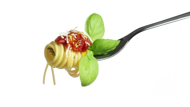 spaghetti pasta fork with tomato basil Parmesan and olive oil, i