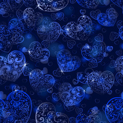 Seamless pattern of hearts in dark blue colors