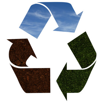 Recycle logo with blue sky, green grass and soil texture