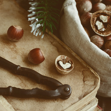 Decoration with nutcracker, nuts, old books and pine twigs