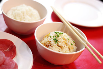 close up chinese rice fried from egg and garlic