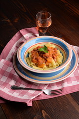 Rigatoni with pumpkin, beans and bacon