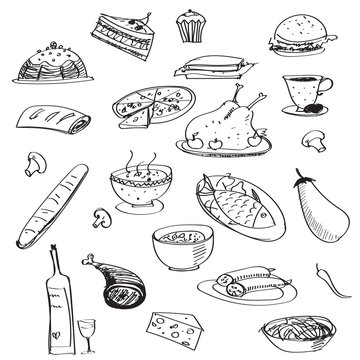 Vector doodle seamless pattern with meals