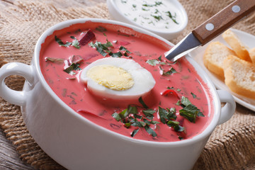 Delicious red beet soup with egg and sour cream close-up