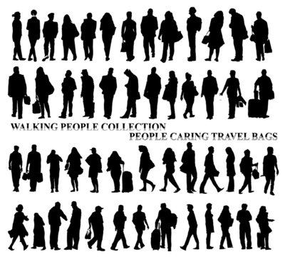 Silhouettes of walking people, caring bags, talking on the phone