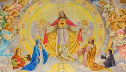 Vienna - detail of fresco of Heart of Jesus with the saints