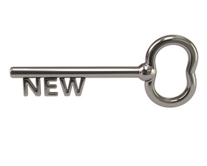 Silver key with word new