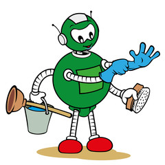 Mascot robot general services and holding cleaning supplies