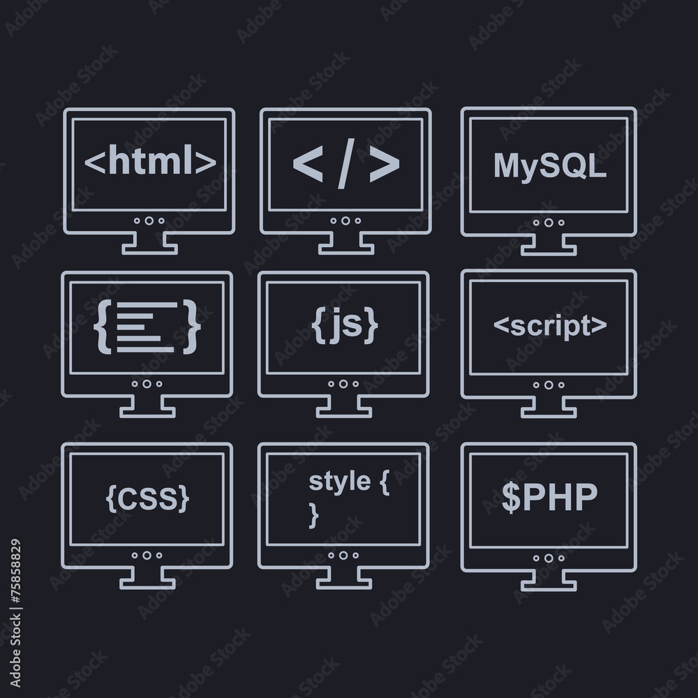 Poster web development line icons as html, css, tag, mysql, curves, php