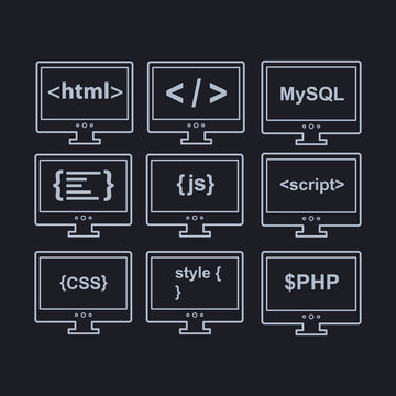web development line icons as html, css, tag, mysql, curves, php
