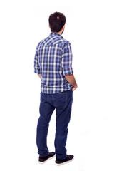 Back view of young casual man, isolated on white background