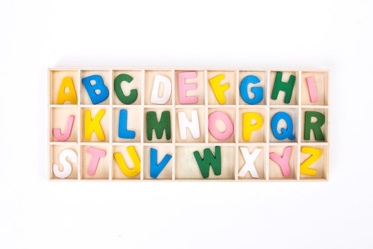color painted wooden english alphabet set in wooden box
