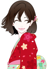 着物の女性　風　笑顔