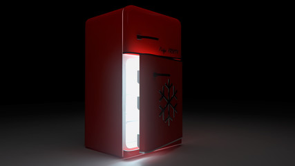 opened Retro Fridge refrigerator in red retro color.