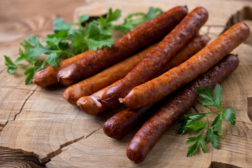 Sausages with parsley, close-up, horizontal shot